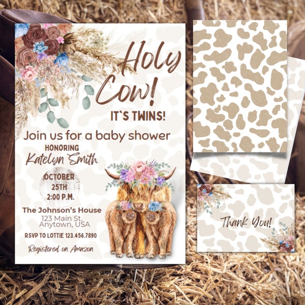 Twin Cow Themed Baby Shower Invitation | Highland Cow Baby Shower Invite | Holy Cow Invite | Boy Girl Twins Shower Invite, Cowboy Rodeo Baby