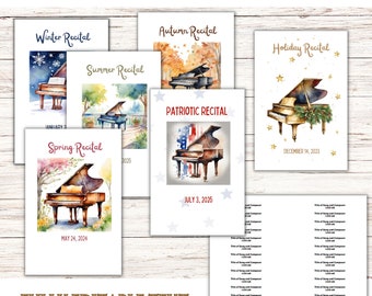 May include: A set of five printable piano recital program templates. Each template features a watercolor illustration of a piano with a different seasonal theme: winter, spring, summer, autumn, and holiday. The text on each template is editable and includes the date and the title of the recital.