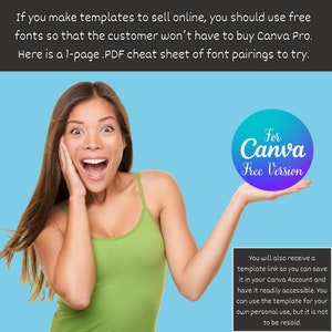 May include: A woman is holding a purple and blue circle with the text "For Canva Free Version". The text is in a white font. The woman is wearing a green tank top and has a surprised expression on her face. The background is light blue.