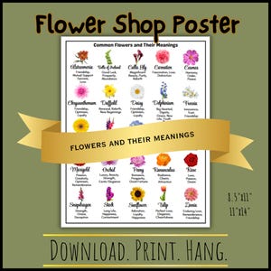 Può includere: Un poster stampabile con sfondo bianco e un nastro dorato in alto. Il poster presenta una tabella di fiori comuni e i loro significati. La tabella è divisa in due sezioni, con la sezione superiore che elenca i fiori e i loro significati, e la sezione inferiore che elenca i fiori e i loro significati. Il poster include anche il testo "Flower Shop Poster" in alto e "DOWNLOAD. PRINT. HANG." in basso.