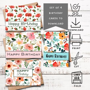 Floral Birthday Card Set, Printable Birthday Card, Birthday Card with Flowers, Beautiful Birthday Cards, Instant Download, Print at Home