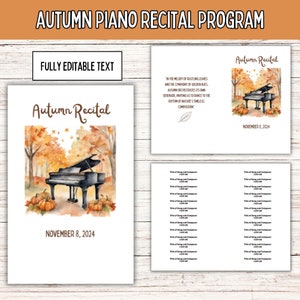 Può includere: Un programma stampabile per un recital di pianoforte autunnale. Il programma presenta un'illustrazione ad acquerello di un pianoforte in un bosco con foglie autunnali e zucche. Il testo recita "Recital autunnale" e "8 novembre 2024".