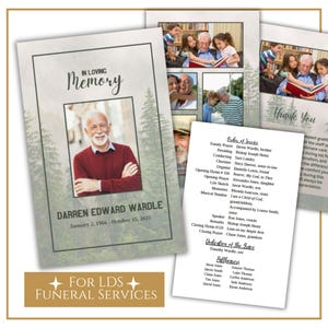 May include: A funeral program with a green and white background featuring a photo of a man in a red sweater. The program includes the order of service, a dedication of the service, and a list of pallbearers. The text "In Loving Memory" and "For LDS Funeral Services" is printed on the program.