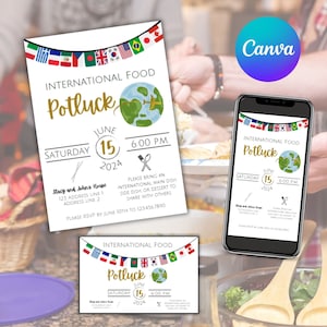 May include: Invitation to an International Food Potluck on Saturday, 15th June 2024 at 6:00 PM. The invitation features a colourful globe with flags representing different countries, a gold text overlay, and a text box with details about the event.