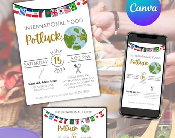 International Food Potluck Invitation Template, Multicultural Food Potluck, International Foods Dinner Invitation, send digitally, foreign