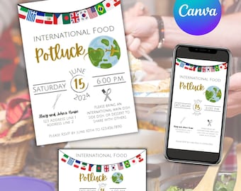 International Food Potluck Invitation Template, Multicultural Food Potluck, International Foods Dinner Invitation, send digitally, foreign