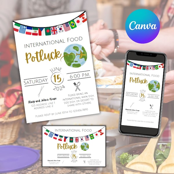 International Food Potluck Invitation Template, Multicultural Food Potluck, International Foods Dinner Invitation, send digitally, foreign