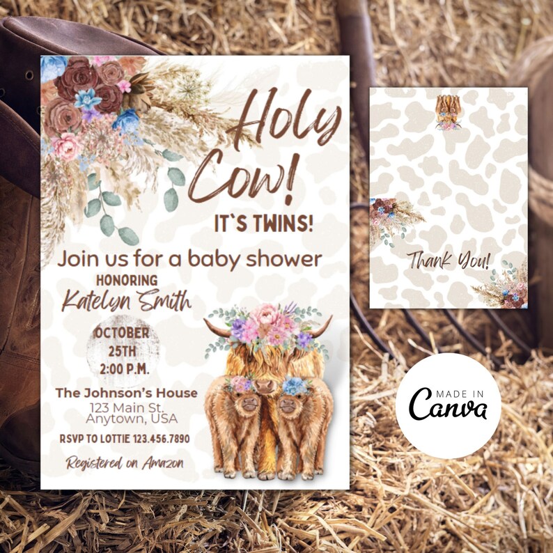 May include: A baby shower invitation with a watercolor illustration of a Highland cow with two calves. The invitation says "Holy Cow! It's Twins!" and includes details about the shower, including the date, time, location, and RSVP information. The invitation also says "Registered on Amazon".
