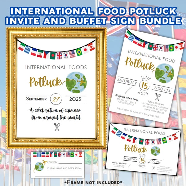 International Potluck Invitation, Multicultural Buffet, Ethic Foods Potluck International Food Dinner Invitation Bundle with Sign and Cards