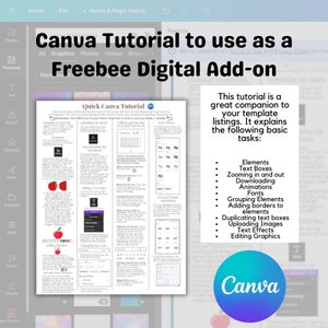 May include: A Canva tutorial guide with a red apple graphic and the text "Freebee Digital Add-on". The tutorial explains how to use Canva for creating template listings, including adding text boxes, zooming in and out, downloading animations, grouping elements, adding borders to elements, duplicating text boxes, uploading images, adding text effects, and editing graphics.
