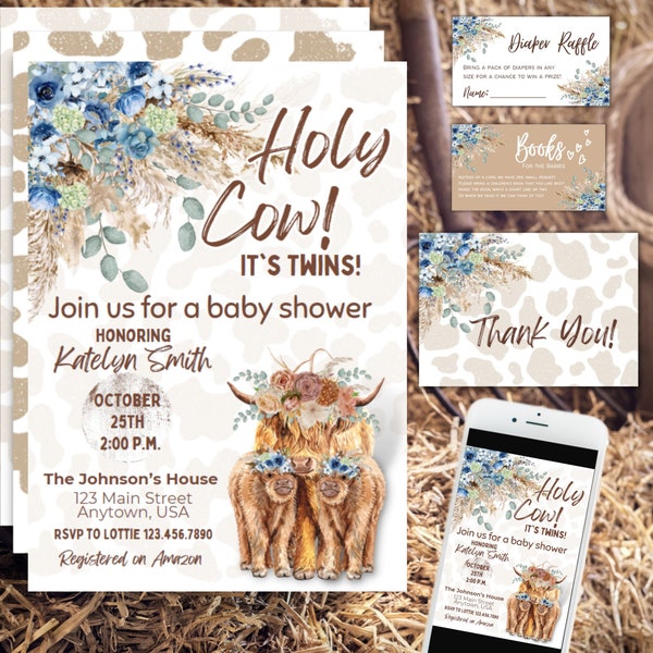 Twin Boys Cow Themed Baby Shower Invitation | Highland Cow Baby Shower Invite | Holy Cow Invite | Boy Twins Shower Invite, Cowboy Rodeo Baby