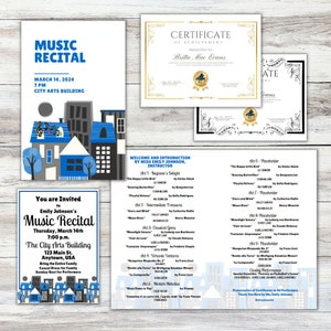 Piano Recital Program Template |Editable Recital Certificate of Achievement | Piano Recital Invite Invitation, Print at Home | Music Recital