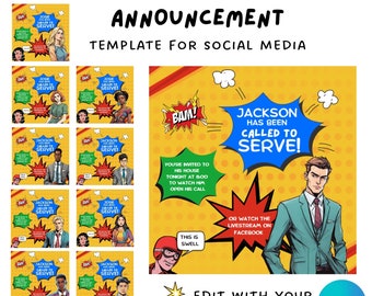 May include: A yellow and red comic book style announcement graphic with the text "Jackson has been called to serve!" and a man in a suit. The graphic also includes the text "You're invited to his house tonight at 8:00 to watch him open his call" and "Or watch the livestream on Facebook".