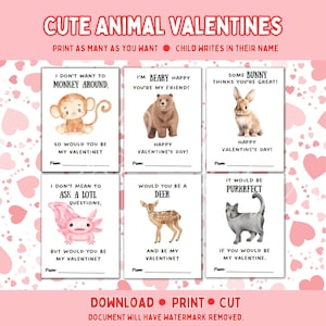 San Valentino animali stampabili, San Valentino axolotl orso gatto coniglio scimmia cervo, download immediato, San Valentino stampabile a casa, carta bonus per insegnanti