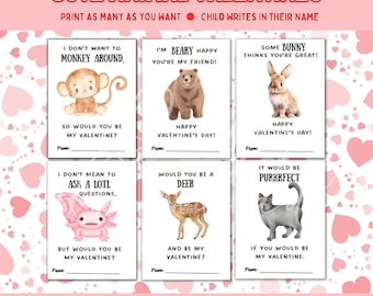 San Valentino animali stampabili, San Valentino axolotl orso gatto coniglio scimmia cervo, download immediato, San Valentino stampabile a casa, carta bonus per insegnanti