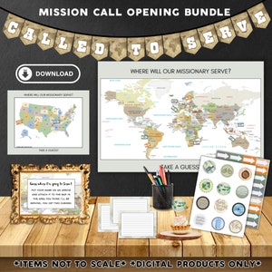 LDS Mission Reveal Bundle, Öffnung von Mission Call, USA Karte, Weltkarte, Banner, Pfeile, Ratgeberkarten, Anleitung, Kuchen Cupcake Toppers