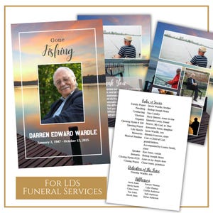 Peut inclure: Une annonce de service funéraire pour Darren Edward Wardle. L'annonce présente un coucher de soleil sur un lac avec une jetée et une canne à pêche. Le texte comprend les dates du 2 janvier 1947 au 15 octobre 2025 et les mots "Gone Fishing". L'annonce comprend également une liste de l'ordre du service funéraire.