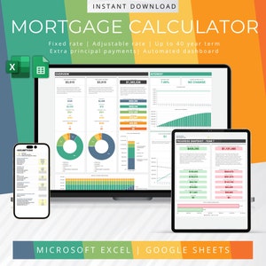 May include: A computer screen displaying a mortgage calculator spreadsheet in Microsoft Excel and Google Sheets. The spreadsheet includes a green, yellow, and blue color scheme and shows a graph, charts, and tables. The text on the screen reads "Mortgage Calculator", "Fixed rate | Adjustable rate | Up to 40 year term", "Extra principal payments | Automated dashboard", "Overview", "Interest", "Assumptions", "Progress Snapshot - Year 1", "$1,365,536", "7.00%", "No Change", "$458,295", "$1,131,495".