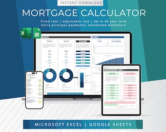 May include: A computer screen, a tablet, and a smartphone display a mortgage calculator spreadsheet. The spreadsheet includes an overview, interest rate, and progress snapshot. The spreadsheet is designed for Microsoft Excel and Google Sheets. The text on the screen reads "Mortgage Calculator", "Fixed rate | Adjustable rate | Up to 40 year term", "Extra principal payments | Automated dashboard", "Overview", "Interest", "7.00%", "No Change", "Progress Snapshot - Year 7", "$1,131,406", "Microsoft Excel | Google Sheets".