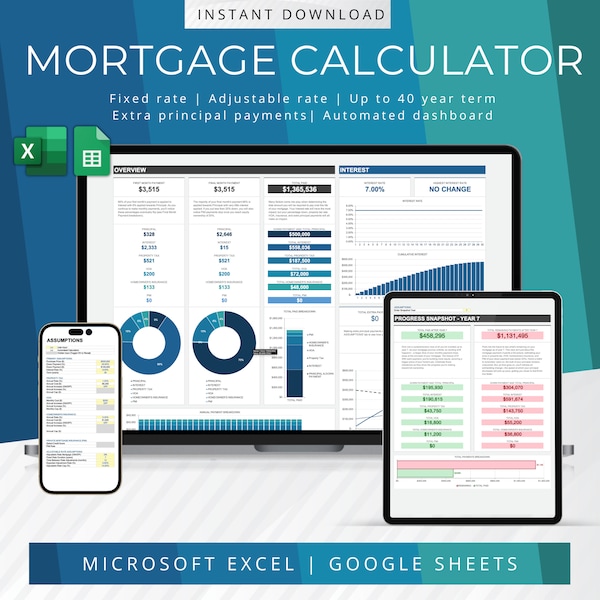 Calculateur hypothécaire | Modèle financier immobilier | Paiement hypothécaire | Commercialisation immobilière | Paiement de la dette | Exceller | Feuilles Google | BLEU