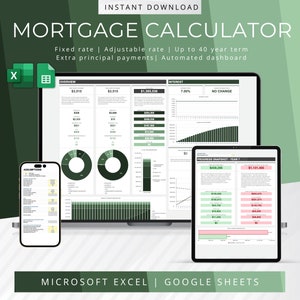 Mortgage Calculator | Real Estate Financial Model | Mortgage Payment | Real Estate Marketing | Debt Payment | Excel | Google Sheets | GREEN