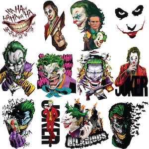 May include: A collection of 11 colorful stickers featuring the Joker character from Batman. The stickers feature different expressions and poses of the Joker, including a laughing face, a menacing grin, and a classic Joker costume. The stickers are perfect for adding a touch of fun and mischief to any surface.