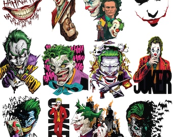 May include: A collection of 11 colorful stickers featuring the Joker character from Batman. The stickers feature different expressions and poses of the Joker, including a laughing face, a menacing grin, and a classic Joker costume. The stickers are perfect for adding a touch of fun and mischief to any surface.