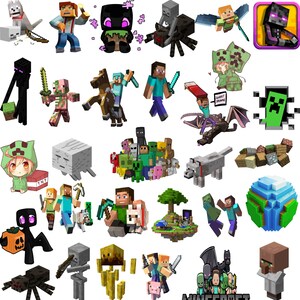 Könnte beinhalten: Eine Sammlung bunter Minecraft-Charakteraufkleber mit verschiedenen Charakteren, darunter Steve, Creeper, Enderman und ein Schwein. Die Aufkleber eignen sich perfekt zum Dekorieren von Laptops, Wasserflaschen und anderen Oberflächen.