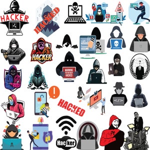 May include: A collection of colorful illustrations depicting various aspects of hacking, including hooded figures, computer screens, warning signs, and the text "HACKED".