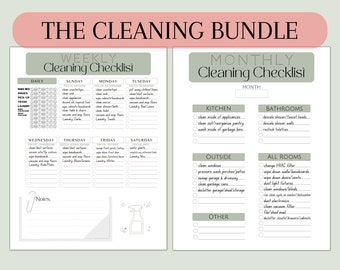 May include: A printable cleaning checklist bundle with a weekly and monthly cleaning schedule. The checklist includes tasks for daily, weekly, and monthly cleaning, with sections for kitchen, bathrooms, outside, and all rooms. The checklist is designed in a minimalist style with a green and gray color scheme.