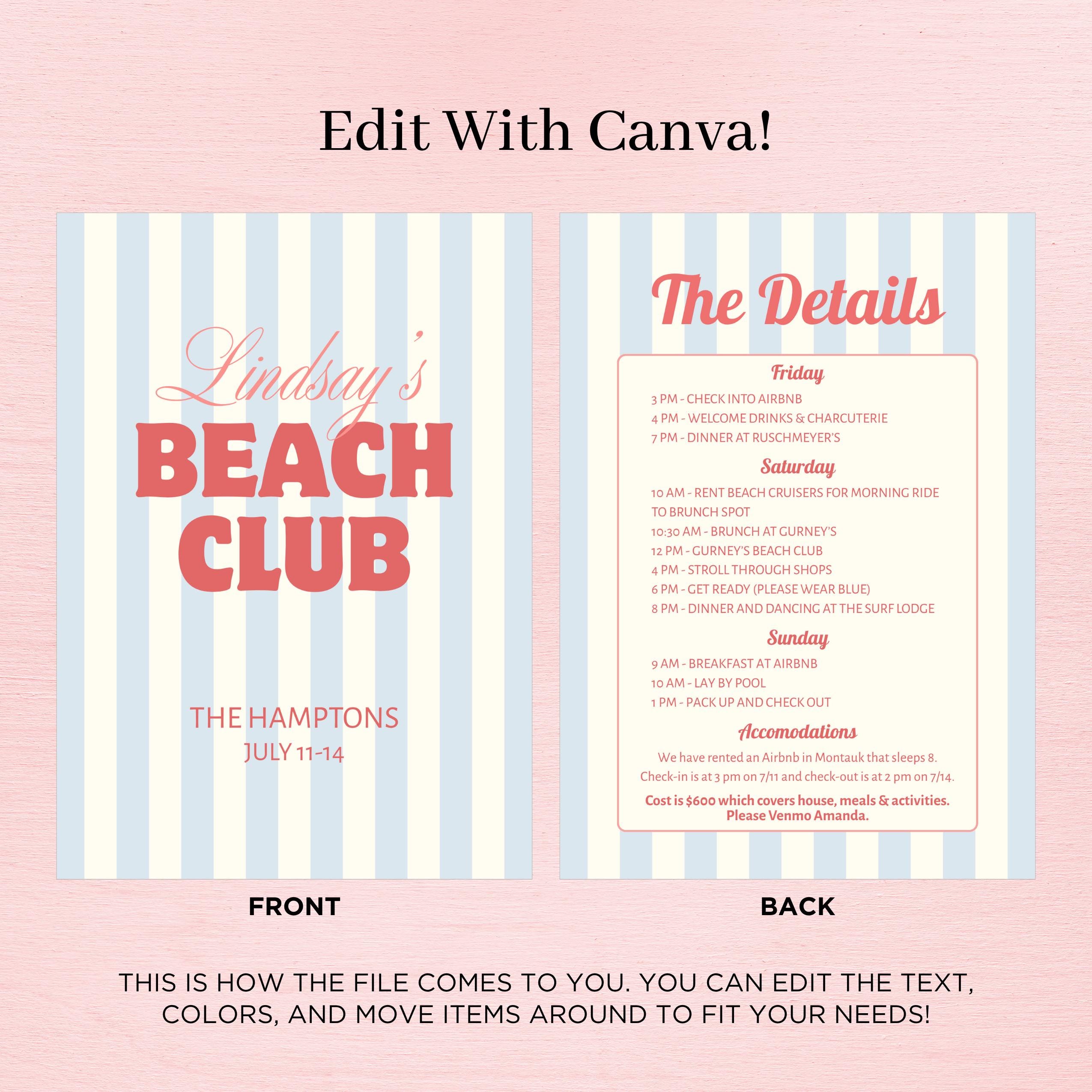 Beach Club Bachelorette Invitation Template, Itinerary, Bach Girls ...