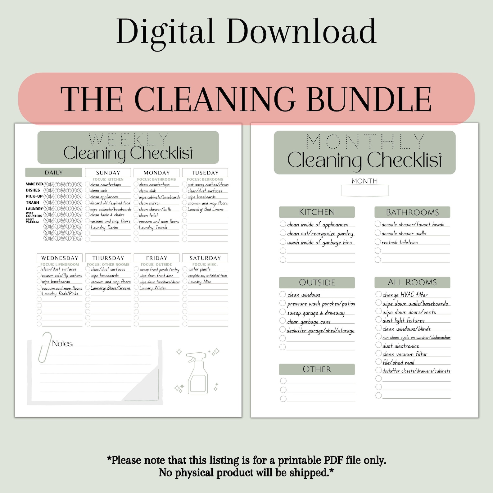 Printable Cleaning Checklist Bundle | Monthly & Weekly Cleaning ...