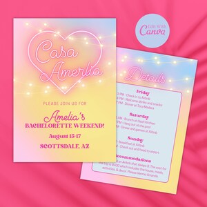 Puede incluir: Invitación de fin de semana de despedida de soltera con un fondo degradado de amarillo, rosa y azul. La invitación presenta el texto "Casa Amelia" en un diseño en forma de corazón, junto con los detalles del evento y un horario.