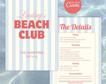 Beach Club Bachelorette Invitation Template, Itinerary, Bach Girls Weekend, Hen Invite, Hamptons Theme, Costal Theme, Canva Template, Sign