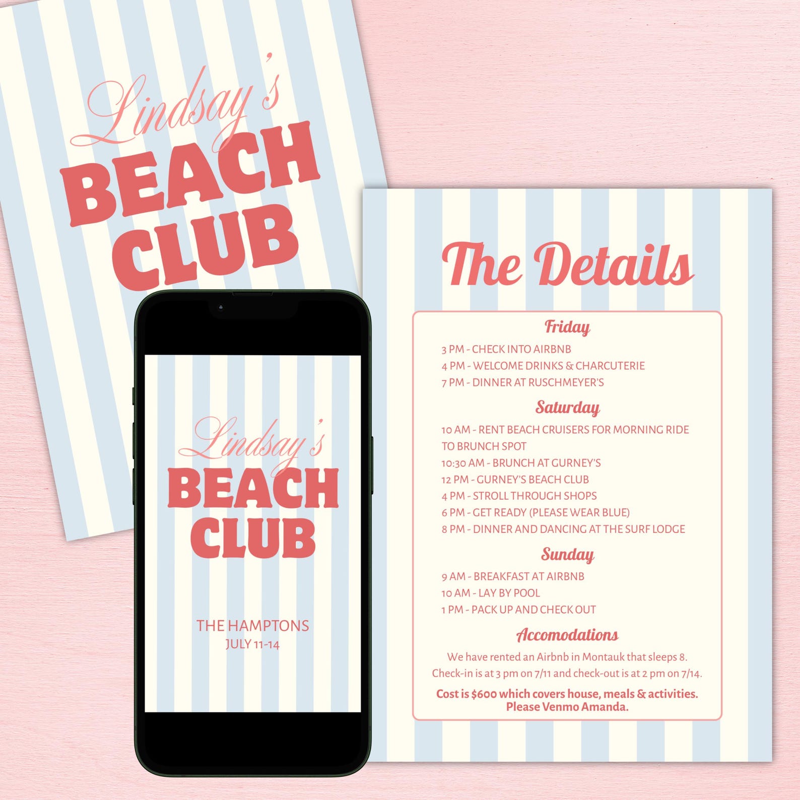Beach Club Bachelorette Invitation Template, Itinerary, Bach Girls ...
