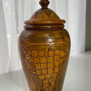Rare Vintage Hand Carved Grape Pattern Wooden Urn/Vase with Lid - Large 11 1/2 Inches Tall