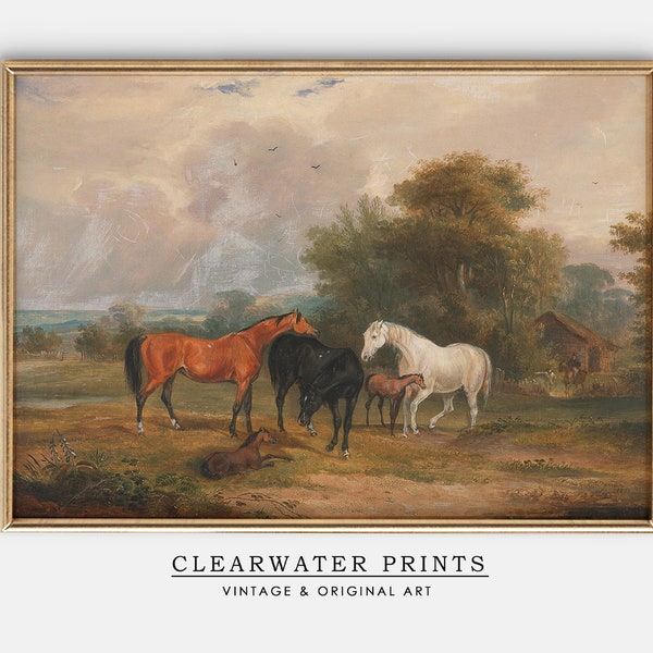 Horses Vintage Print, Horses in Field, Horse Wall Art Printable, Horses Oil Painting, Antique Horse Painting, Farmhouse Decor, HH-9