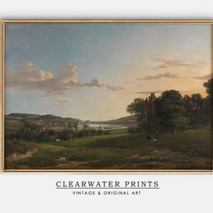 English Landscape Vintage Print, English Wall Art Printable, Horses Oil Painting, Antique English Painting, Farmhouse Decor, HH-18