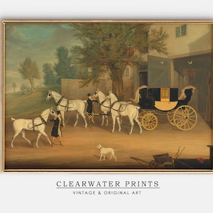 English Horses Carriage Wall Art, Vintage Horse Oil Painting, Antique Horse Painting, Farmhouse Decor, English Art Print HH-10