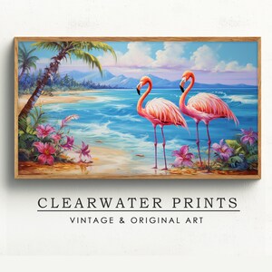 Samsung Frame TV Art, pink Flamingos on Tropical Beach, Watercolor Landscape, Instant Download, Digital Download,