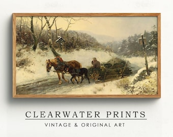 Vintage Horses and Sleigh Painting: Winter Christmas Samsung Frame TV Art  (Digital Download)