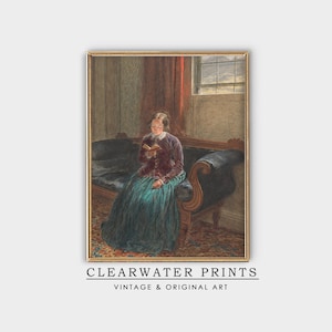 Victorian Woman Reading Book, Vintage Portrait Woman, Wall Art, Vintage Oil Painting, European Art Print PV-2