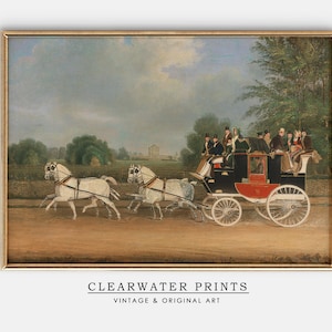 English Horses Carriage Wall Art, Vintage Horse Oil Painting, Antique Horse Painting, Farmhouse Decor, English Art Print HH-14