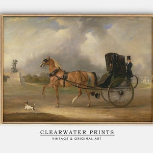 English Horse Carriage Wall Art, Vintage Horse Oil Painting, Antique Horse Painting, Farmhouse Decor, Victorian Landscape Art Print HH-1