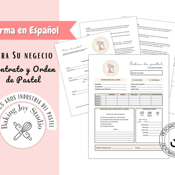 Contrato de pastel de boda imprimible, Pedido de pastel, Forma de negocio de panadería, Pastel de boda imprimible, Acuerdo de pastel de boda