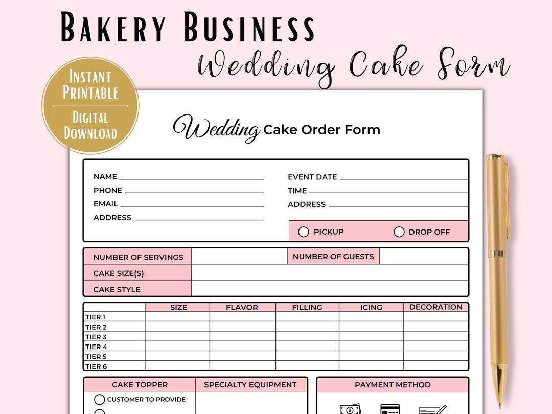 Wedding Cake Order Form, PDF Printable, Instant Download, Cottage