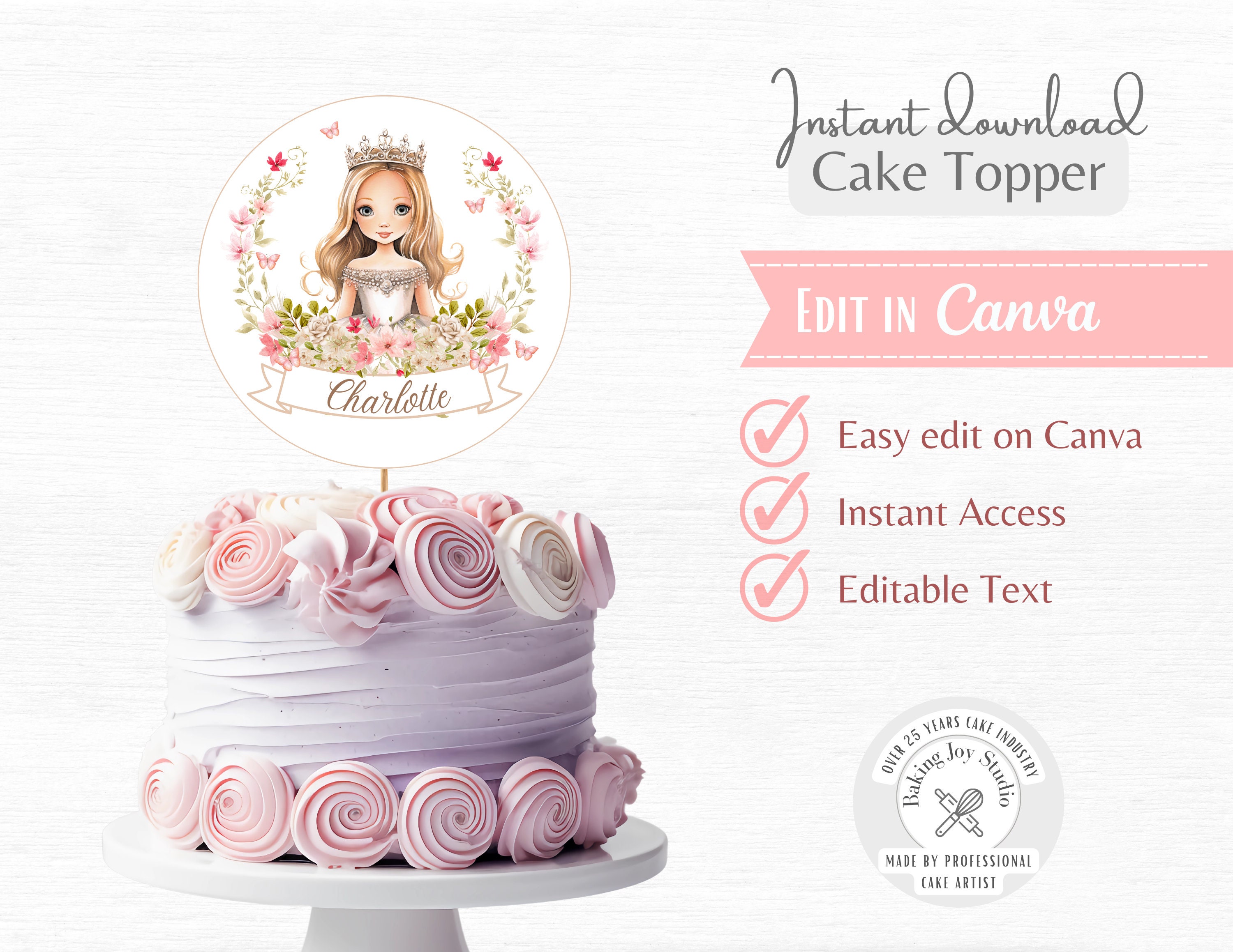Princess Cake Topper Royal Theme Cake Topper Editable on Canva Princess