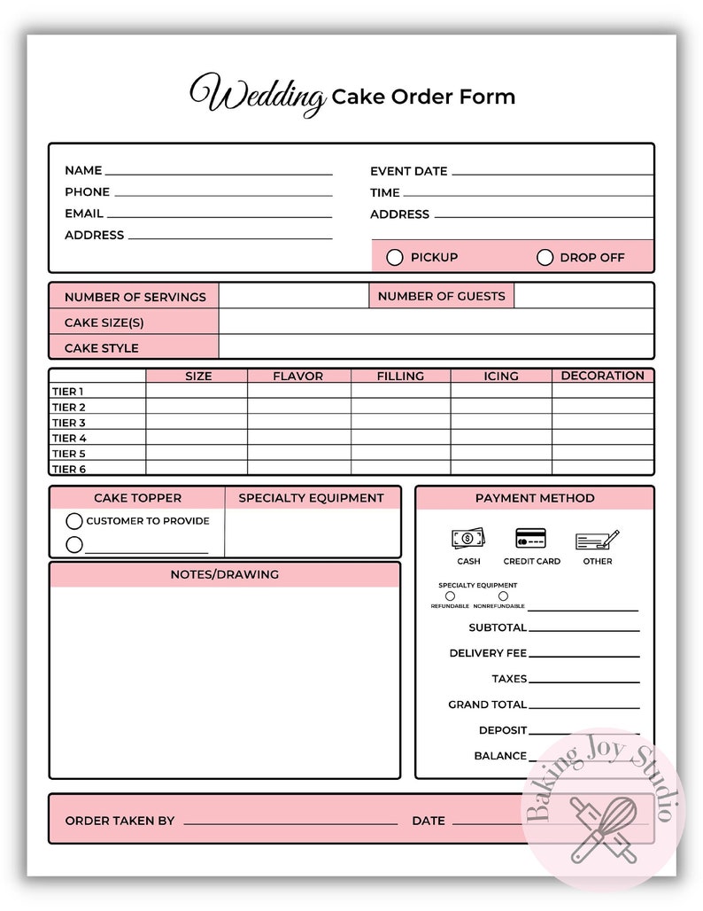 Wedding Cake Order Form, PDF Printable, Instant Download, Cottage