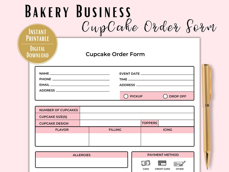 Cupcake Order Form Bakery PDF Printable Cottage Bakery Cake Etsy
