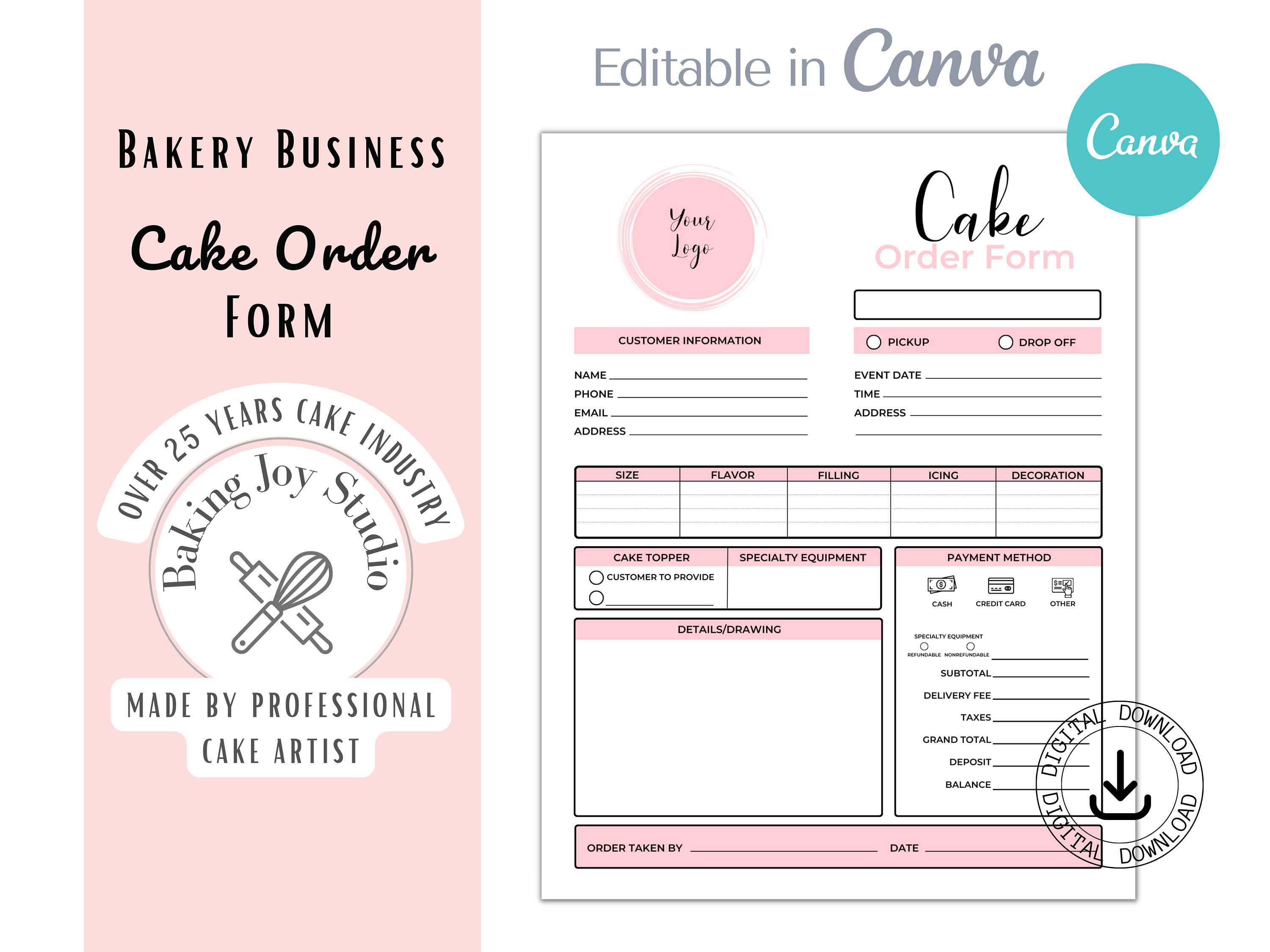 Cake Order Form, Bakery PDF Printable, Cake Business Form, Editable ...
